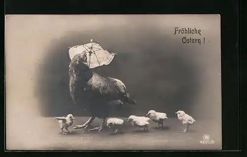 AK Huhn mit Schirm und Osterküken