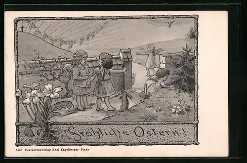 Künstler-AK Osterengel mit Hasen und Blumendekor