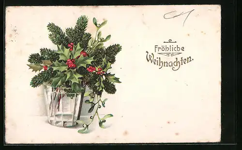 Lithographie Fröhliche Weihnachten, Stechpalmen- und Tannenzweige