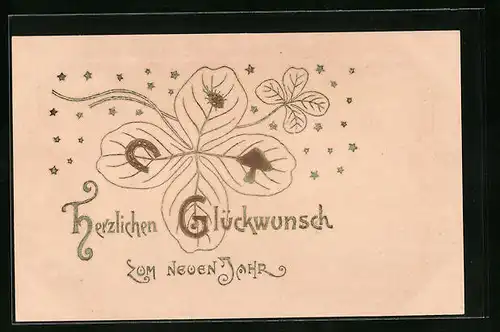 Präge-AK Neujahrglückwünsche mit Kleeblatt, Hufeisen, Marienkäfer und Glückspilz