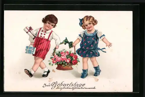 Lithographie Kinder mit Rosenkorb und Geschenken