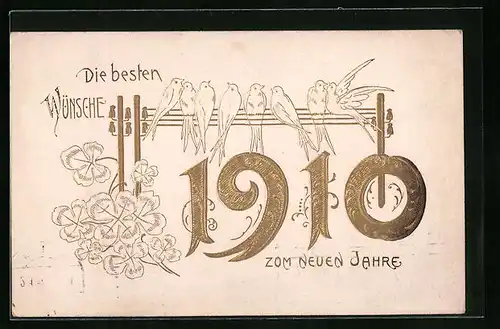 Präge-AK Die besten Wünsche zum neuen Jahre 1910 mit Kleeblättern