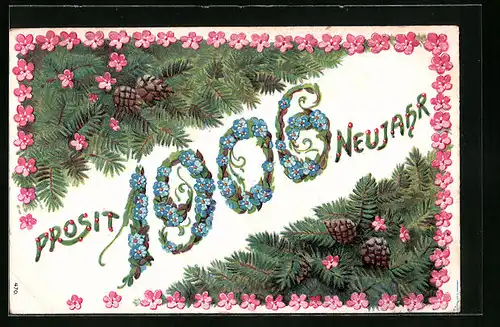 Präge-AK Neujahrsgrüsse mit Tannenzweige und Vergissmeinnicht 1906