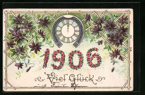 Präge-AK Neujahrsgrüsse mit Uhr zu Mitternacht und Veilchen 1906