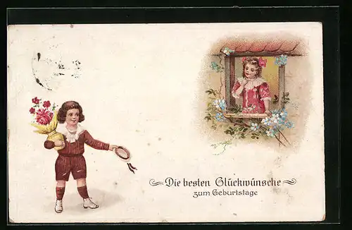 Präge-AK Glückwünsche zum Geburtstag mit Kind am Fenster