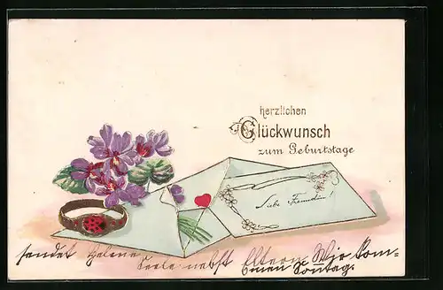 Präge-AK Glückwunsch zum Geburtstag mit Brief und Blumen