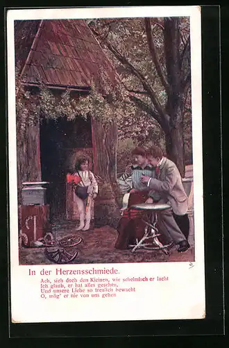 Künstler-AK In der Herzensschmiede, Liebespaar mit Amor