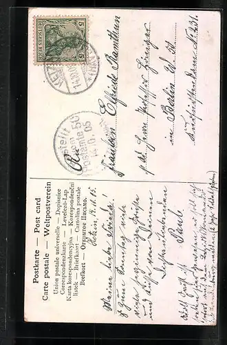 Künstler-AK In der Herzensschmiede, Liebespaar mit Amor