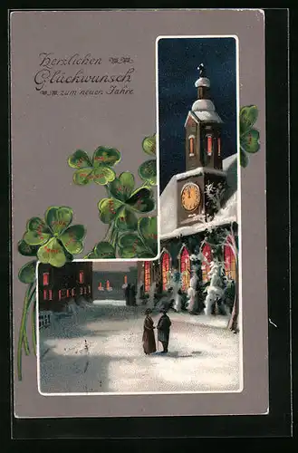 Präge-AK Glückwunsch zum neuen Jahr mit Kleeblättern und Winterlandschaft