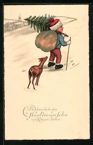 Lithographie Glückwünsche zum Neujahr, Kind mit Tannenbaum und Reh