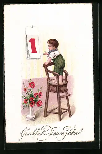 Lithographie Glückliches Neujahr, Kind mit Kalender