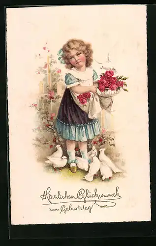 Lithographie Glückwünsche zum Geburtstag, Mädchen mit Blumen und Tauben