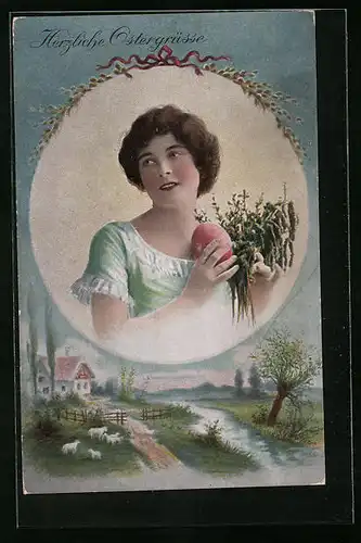 Künstler-AK Herzliche Ostergrüsse, Dame mit Osterei