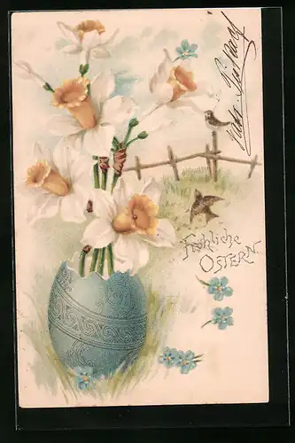 Lithographie Osterei mit Narzissen zu Ostern