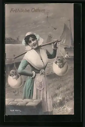 AK Dame mit geschlüpften Küken, Fröhliche Ostern