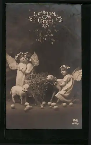 AK Osterengel mit Lämmchen und Ostereiern