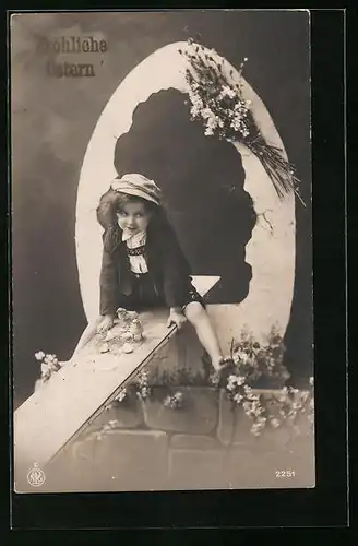 AK Kind mit Osterküken und Blumendekor