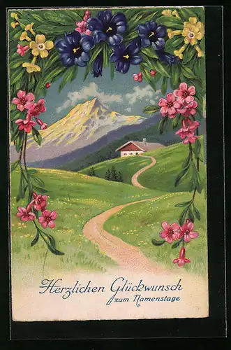 Künstler-AK Herzlichen Glückwunsch zum Namenstag, Landschaft mit Blumendekor