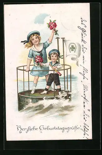 Lithographie Kinder in Matrosenkleidung mit Blumen zum Geburtstag