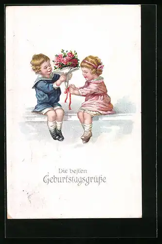 Lithographie Kinder mit Blumenbouquet zum Geburtstag