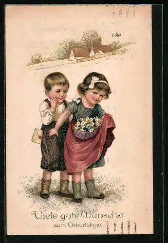 Lithographie Kinder mit Brief und Blumen zum Geburtstag