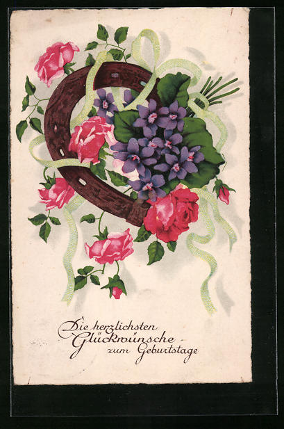 KünstlerAK Glückwünsche zum Geburtstag mit Hufeisen und Rosen Nr