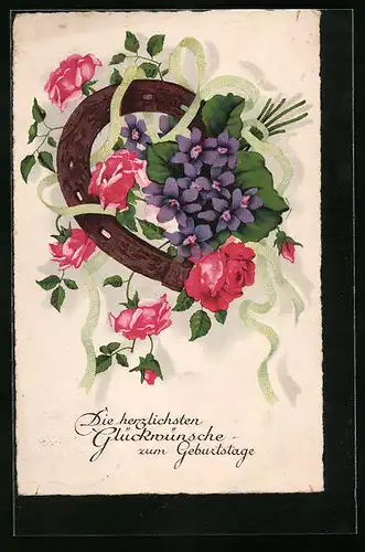 Künstler-AK Glückwünsche zum Geburtstag mit Hufeisen und Rosen