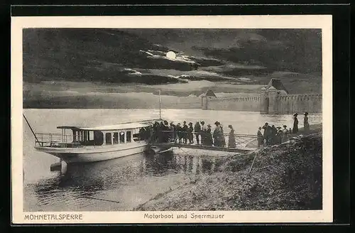 AK Möhnetalsperre, Motorboot bei Vollmond, Sperrmauer