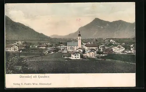 AK Oberaudorf, Ortspartie mit Kirche, Kranzhorn