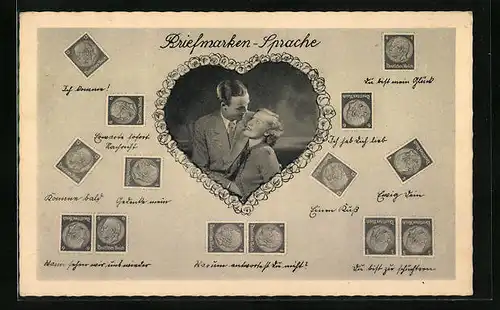 AK Briefmarkensprache mit verliebtem Pärchen und verschiedenen Botschaften
