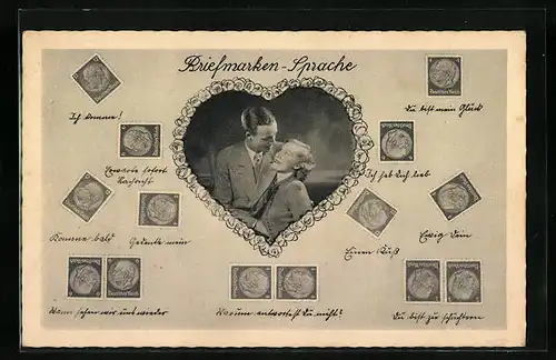 AK Briefmarkensprache mit verliebtem Pärchen und verschiedenen Briefmarkenbotschaften