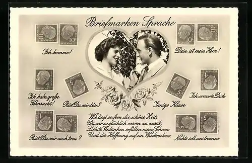 AK Briefmarkensprache mit jungem Paar und Liebesgedicht