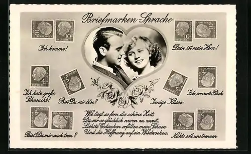 AK Briefmarkensprache mit verliebtem Paar und Liebesgedicht