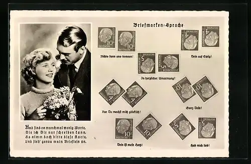 AK Briefmarkensprache mit jungem Paar mit Blumenstrauss