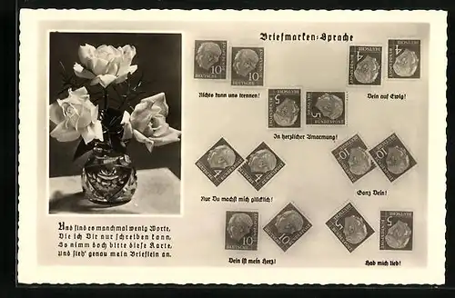 AK Briefmarkensprache mit Rosen in Glasvase und Gedicht