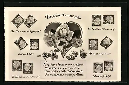 AK Briefmarkensprache mit Rosen und Liebesgedicht
