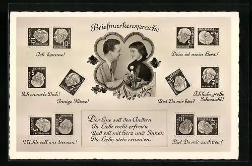 AK Briefmarkensprache mit verliebtem Paar und Blumen