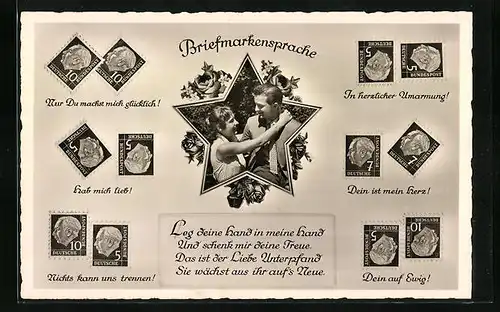 AK Briefmarkensprache mit sich umarmendem Paar und Liebesgedicht