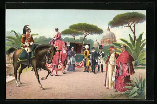 AK Papst Pius X. mit Kutsche, kirchlichen Würdenträgern und Petersdom im Hintergrund