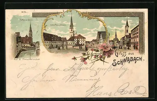 Lithographie Schwabach, Donaupartie an der Fleischbrücke, Untere Reichsstrasse