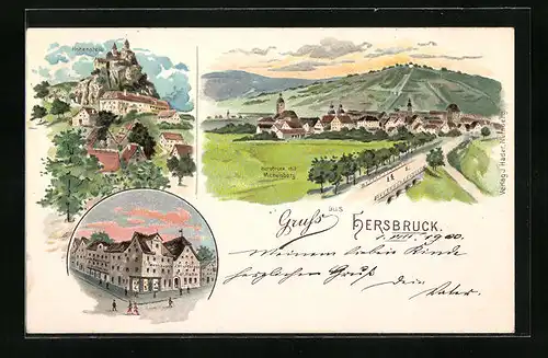 Lithographie Hersbruck, Burg Hohenstein, Ortsansicht mit Michelsberg, Strassenpartie mit Passanten