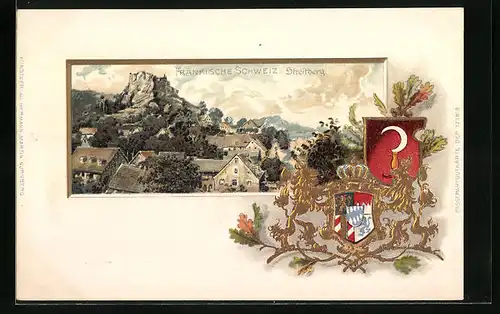 Passepartout-Lithographie Streitberg, Blick auf die Dächer der Stadt, Wappen