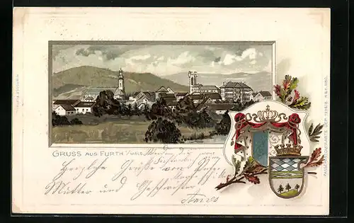 Passepartout-Lithographie Furth / Wald, Totalansicht vom anderen Ufer, Wappen
