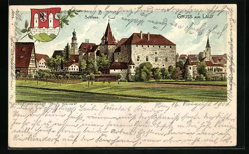 Lithographie Lauf, Schlossansicht vom Feld aus, Wappen