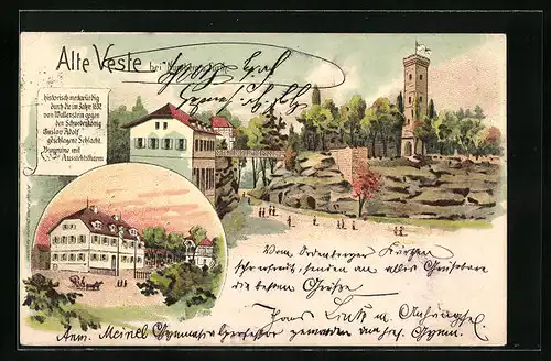 Lithographie Alte Veste b. Nürnberg, Gasthaus, Burgruine und Aussichtsturm