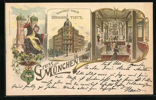 Lithographie München, Warenhaus Hermann Tietz, Innenansicht, Münchner Kindl