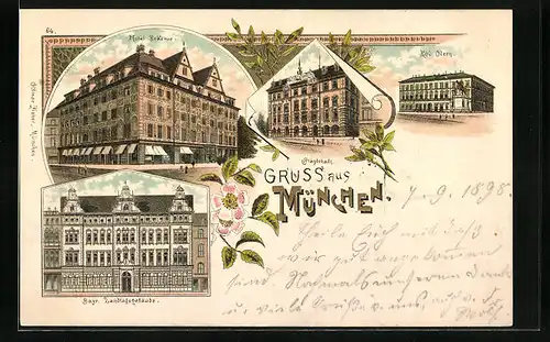 Lithographie München, Hotel Bellevue, Ständehaus, Kgl. Odeon, Bayr. Landtagsgebäude