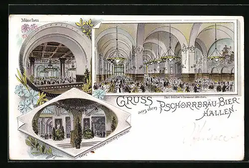 Lithographie München, Innenansicht der Pschorrbräu Bierhallen