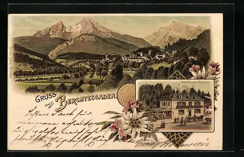 Lithographie Berchtesgaden, Hotel-Pension Bahnhof, Totalansicht aus der Ferne