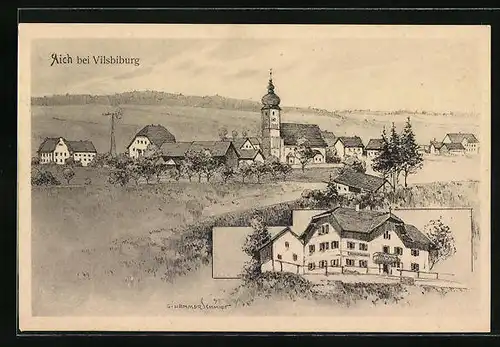 Künstler-AK Aich bei Vilsbiburg, Ortsansicht mit Gasthaus von Elise Wimmer